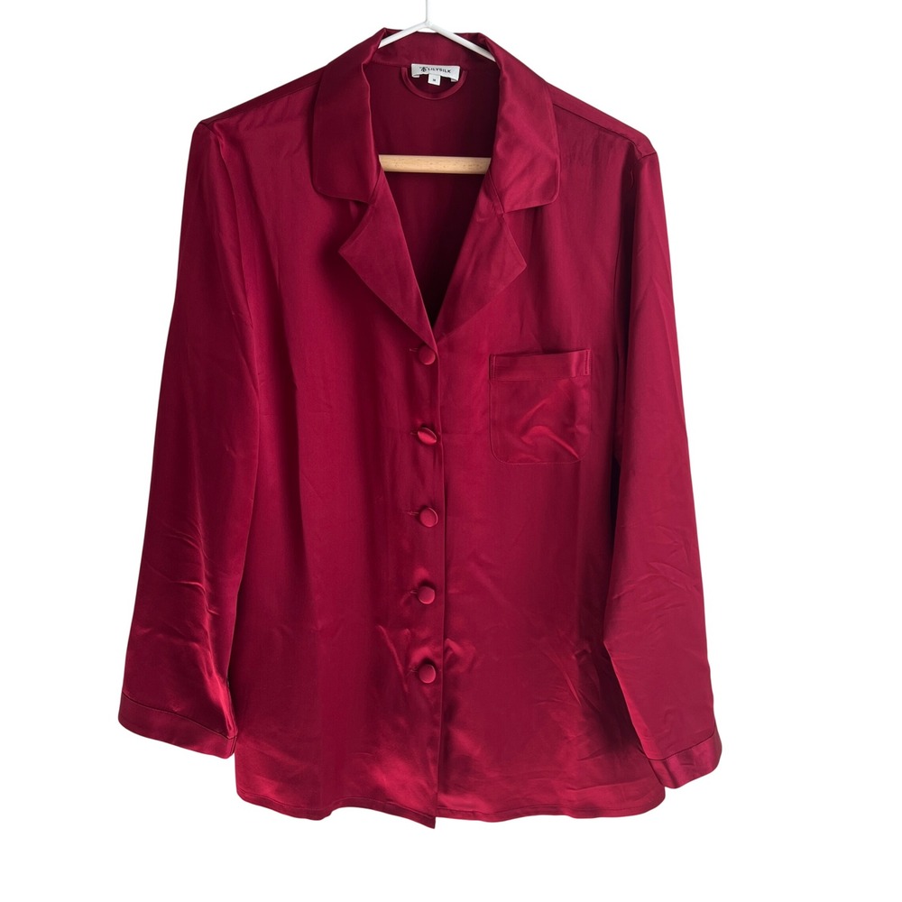Lilysilk Womens 100% Mulberry Silk Pajama Shirt Top Claret Red Button Down M